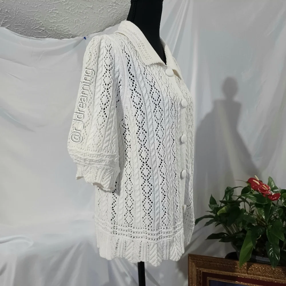 NWOT Lands' End Lace Pointelle Puff Sleeve Cardigan Sweater Size XL - Picture 3 of 7